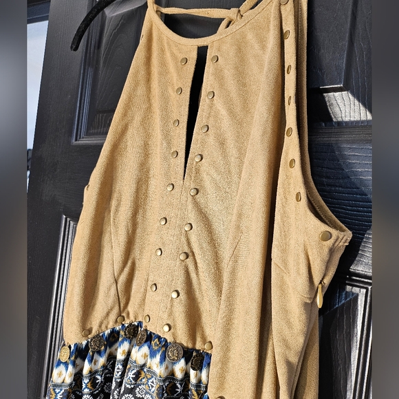 Lulumari Boho Maxi Dress with Suede Upper Empire Waist Halter Neck Size L - Picture 3 of 9